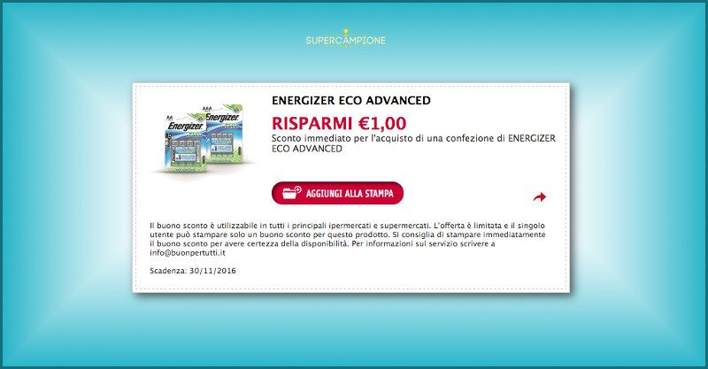 Buono sconto Energizer 1€ Buono sconto Energizer 1€