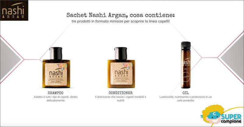 Campioni omaggio Nashi shampoo, conditioner e olio