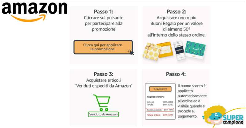 Amazon: ricevi buono sconto da 4€ con buono regalo da 50€