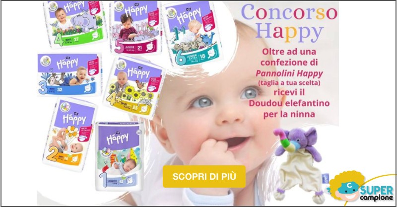 Vinci gratis Doudou Elefantino ninna + pacco di pannolini Happy Vinci gratis Doudou Elefantino ninna + pacco di pannolini Happy