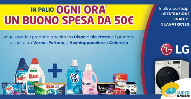 Vinci ogni ora buoni spesa da 50€ e 5 lavatrici LG